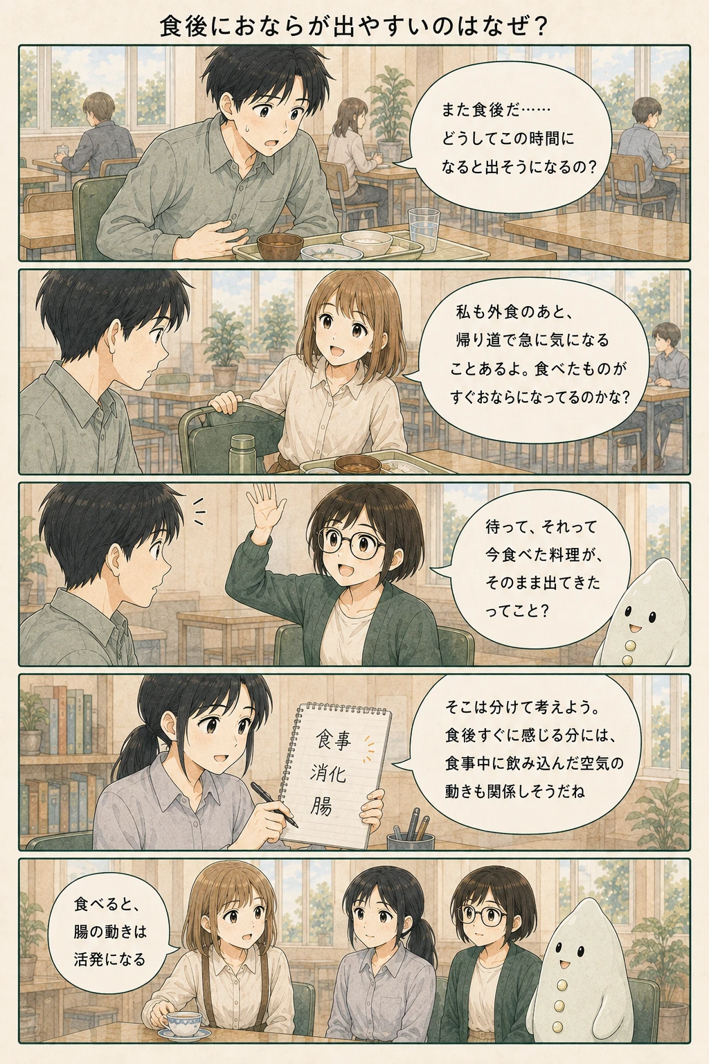 食後に生まれる二つの泡の流れを観察するアオイ、モク、ナラの4コマ漫画(1ページ目)