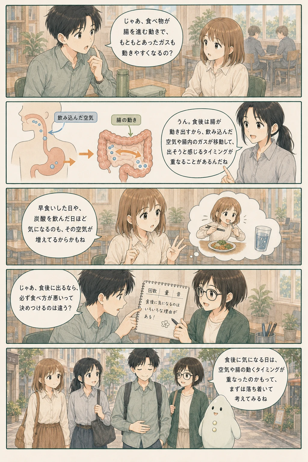 食後に生まれる二つの泡の流れを観察するアオイ、モク、ナラの4コマ漫画(2ページ目)