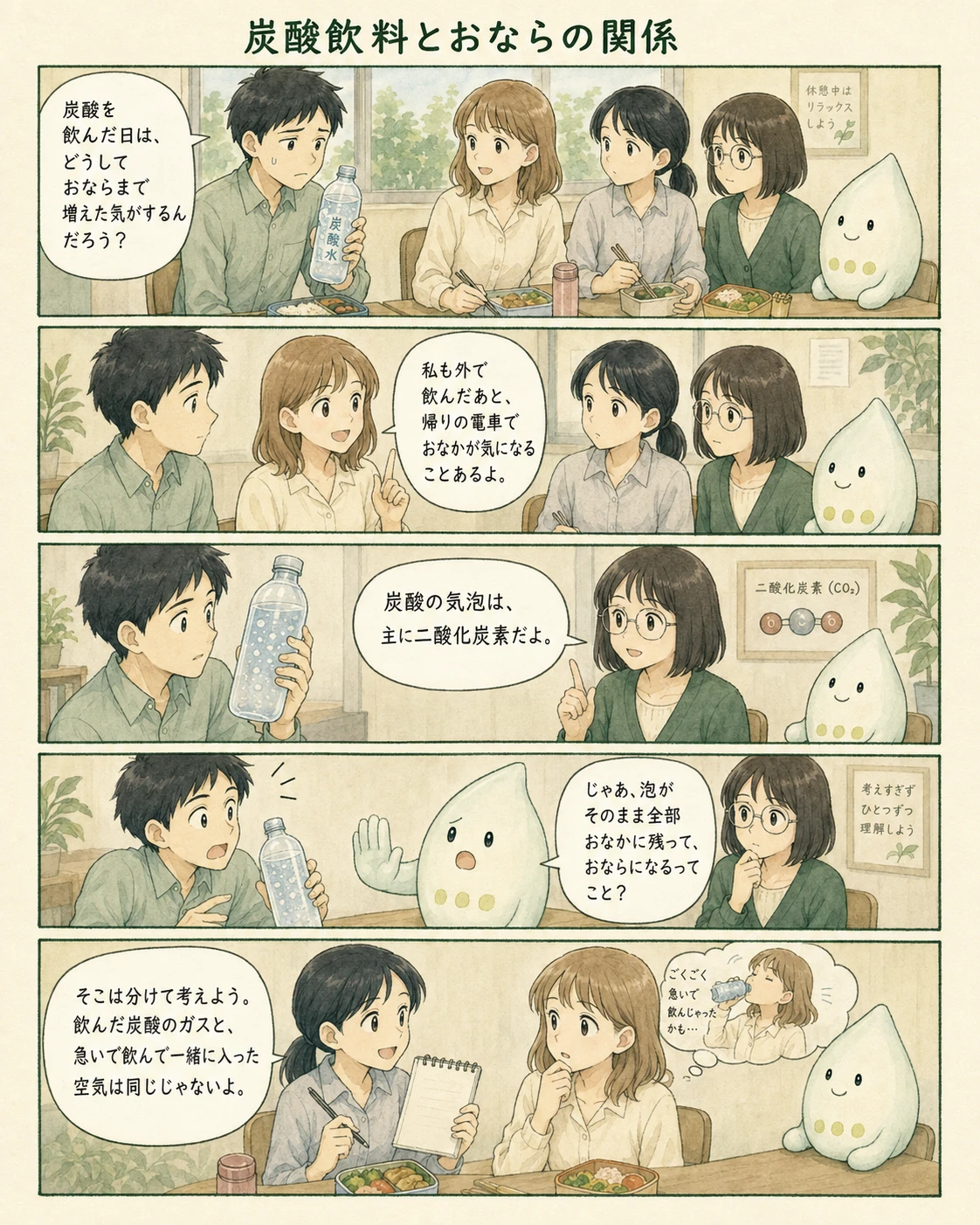 炭酸飲料の泡と体の気流を観察するアオイ、モク、ナラの4コマ漫画（1ページ目）
