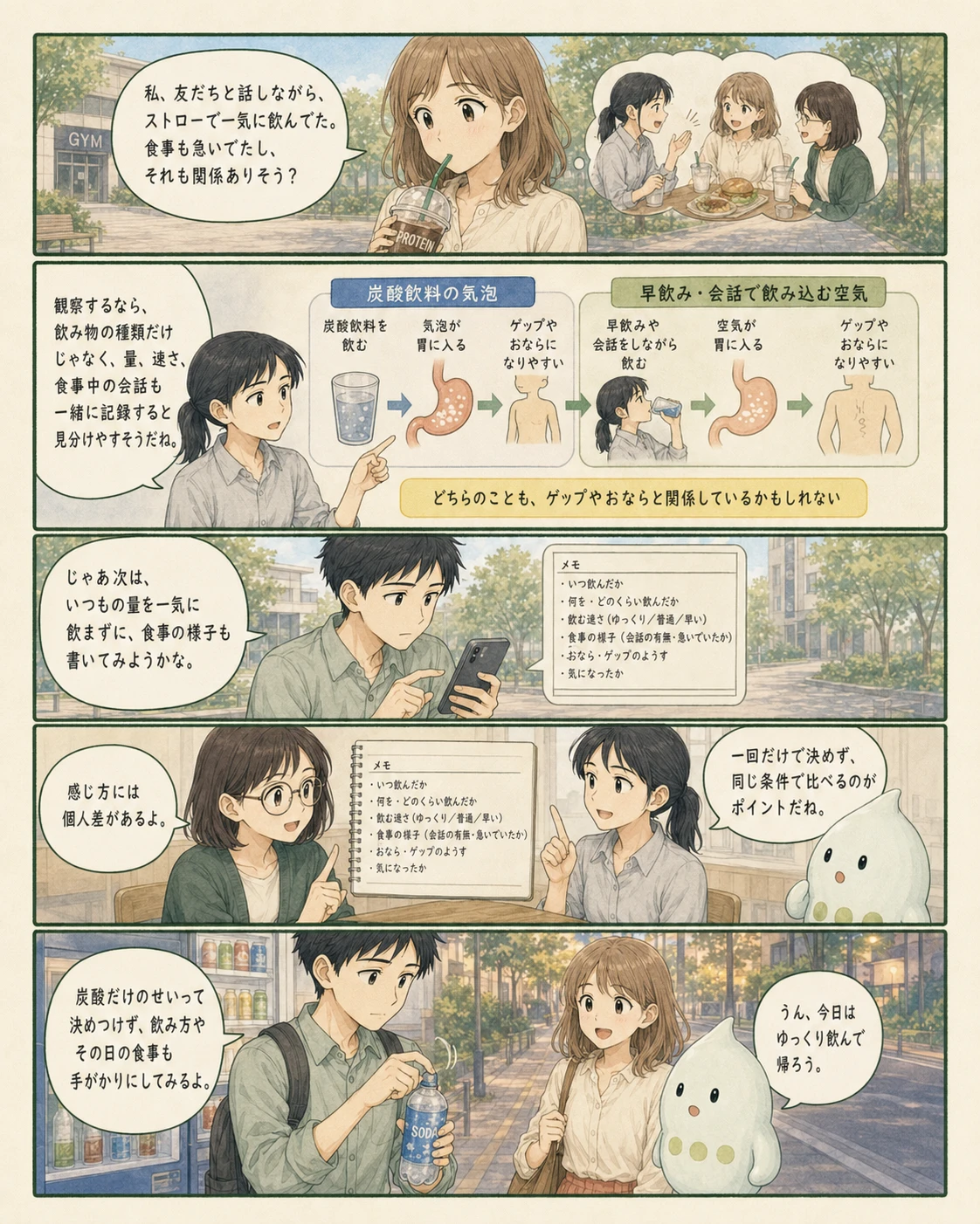 炭酸飲料の泡と体の気流を観察するアオイ、モク、ナラの4コマ漫画（2ページ目）