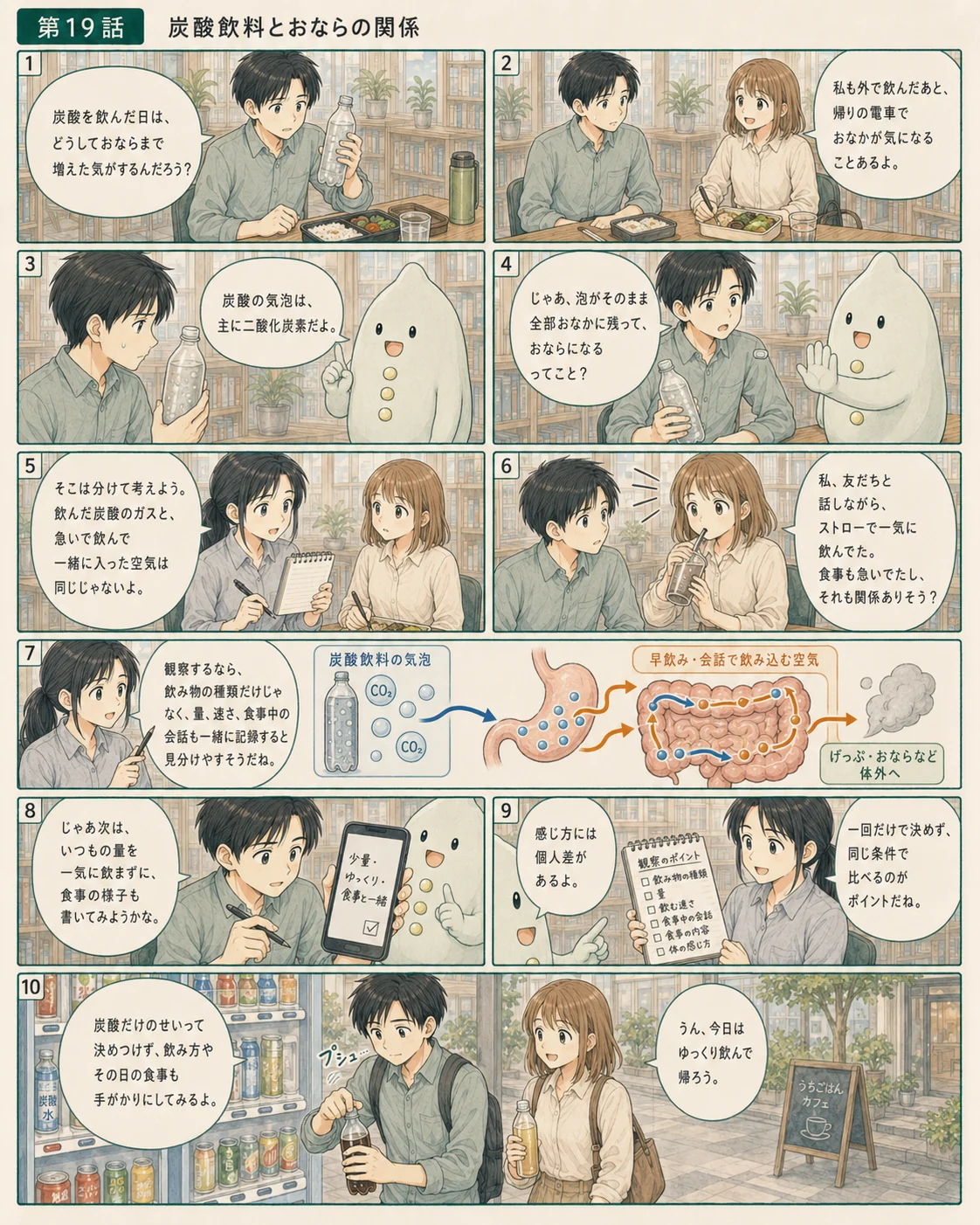 炭酸飲料の泡と体の気流を観察するアオイ、モク、ナラの4コマ漫画