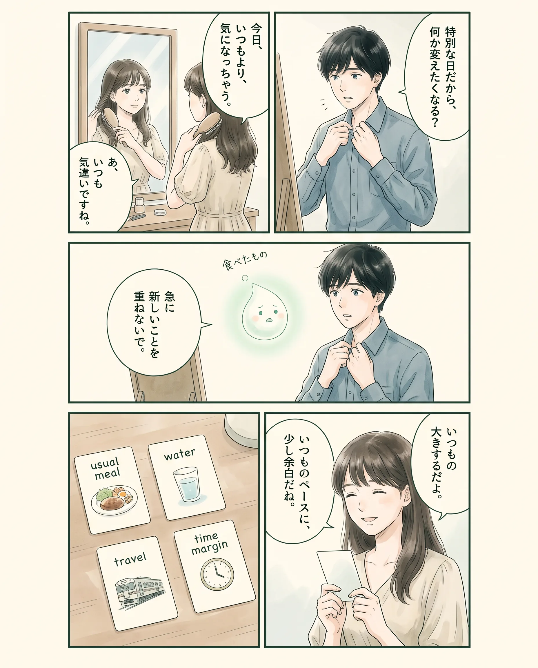 外出前の食事と予定の余白を考えるアオイ、モク、ナラの4コマ漫画（1ページ目）