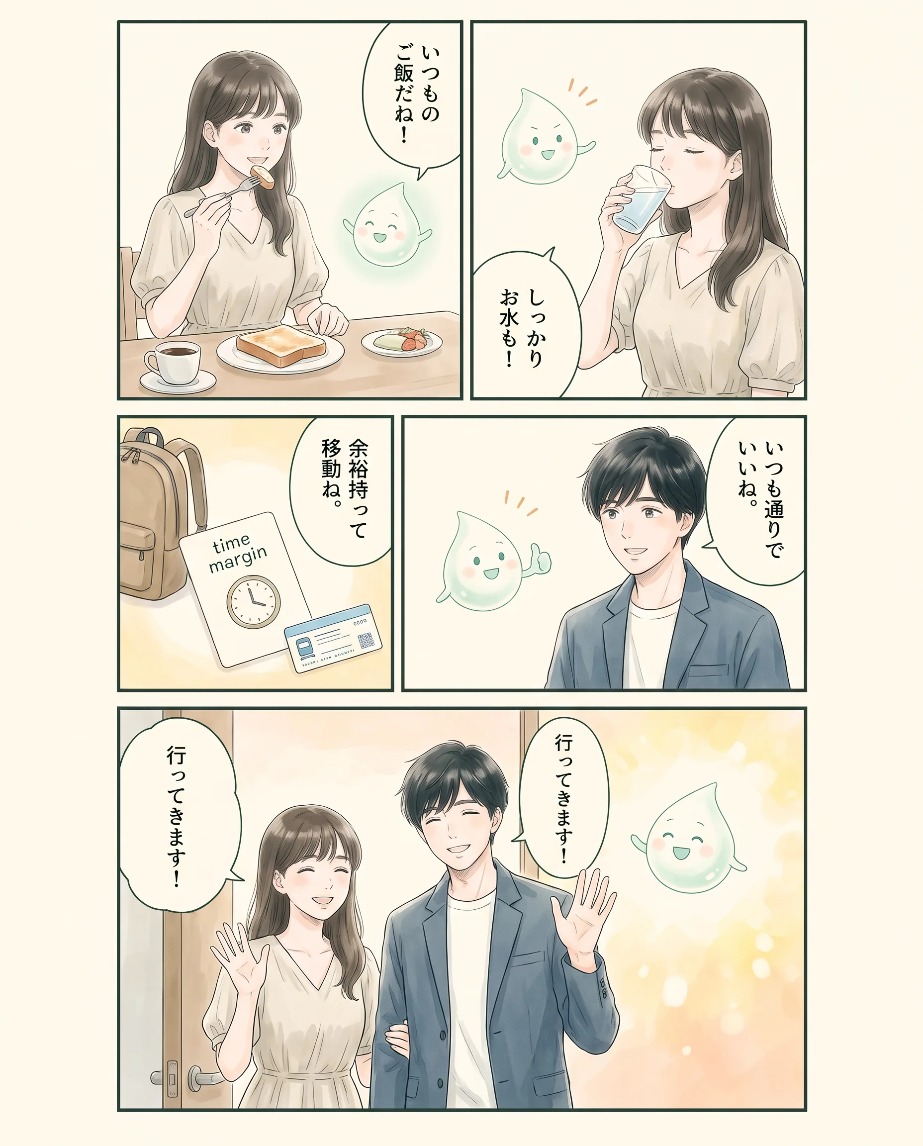 外出前の食事と予定の余白を考えるアオイ、モク、ナラの4コマ漫画（2ページ目）
