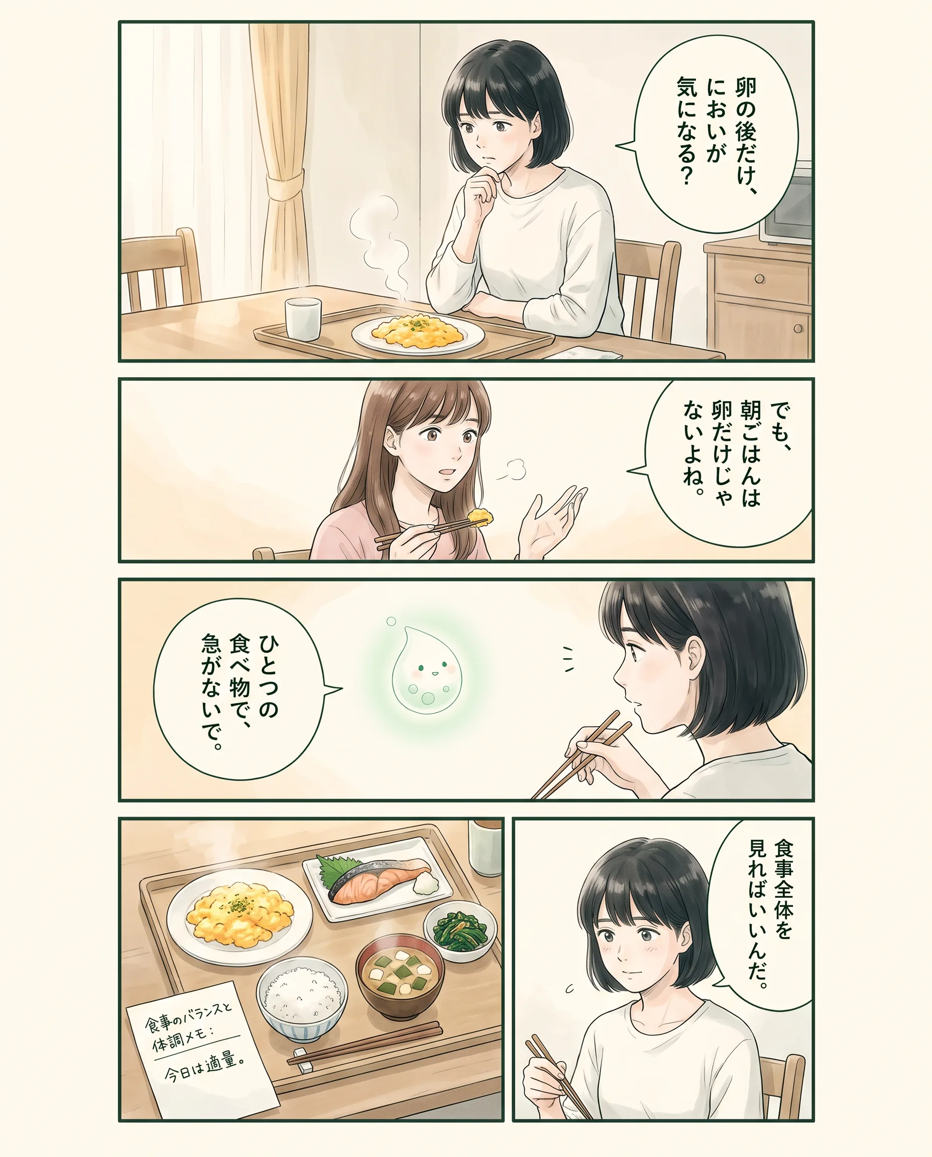 卵を含む食事全体を観察するアオイ、モク、ナラの4コマ漫画（1ページ目）