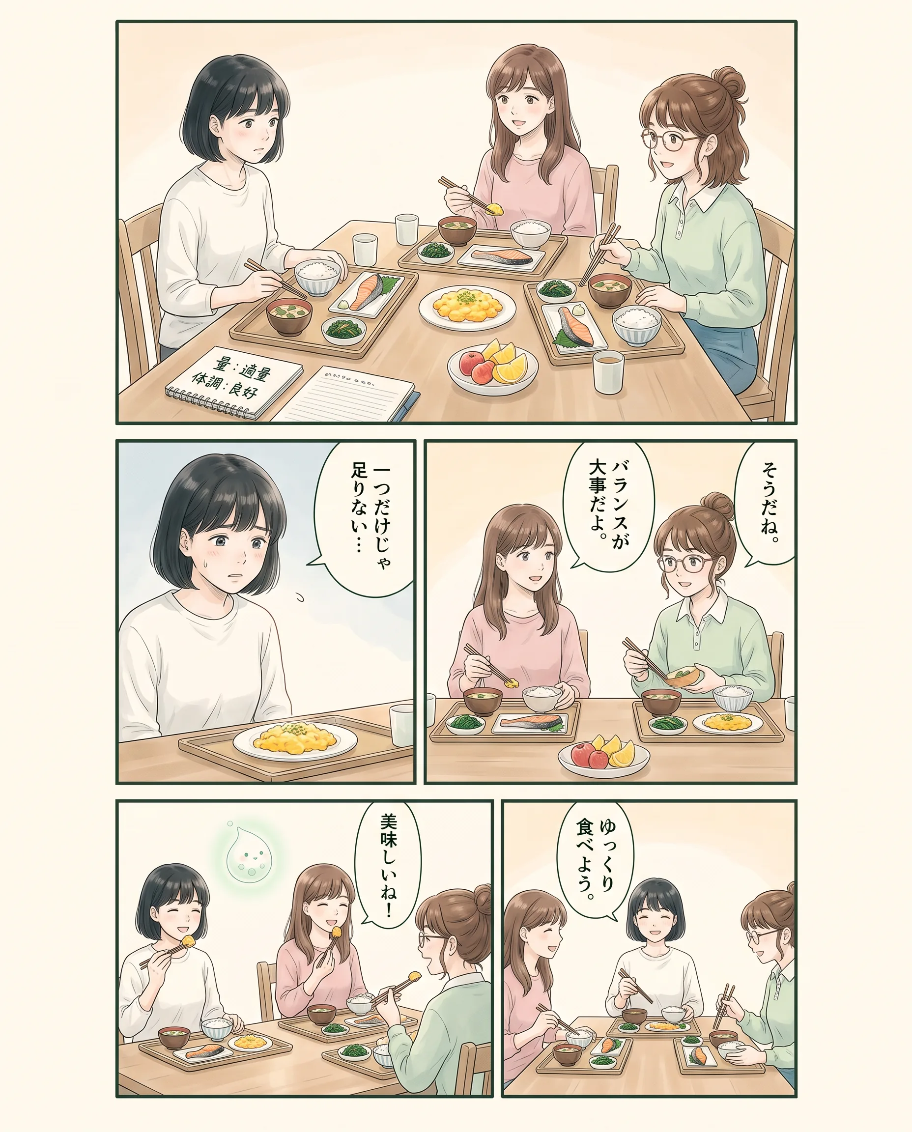 卵を含む食事全体を観察するアオイ、モク、ナラの4コマ漫画（2ページ目）