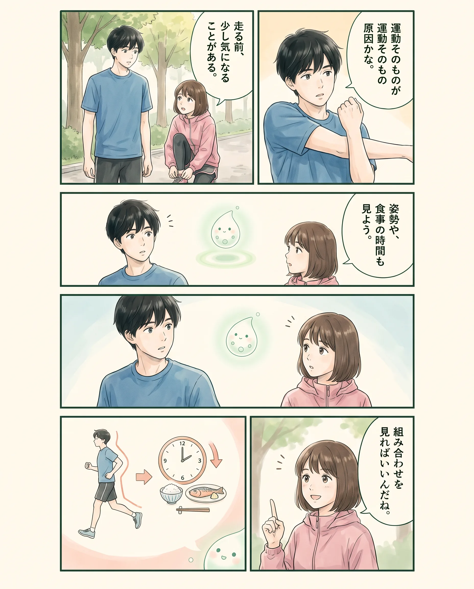運動中の姿勢と食事の時間を観察するアオイ、モク、ナラの4コマ漫画（1ページ目）