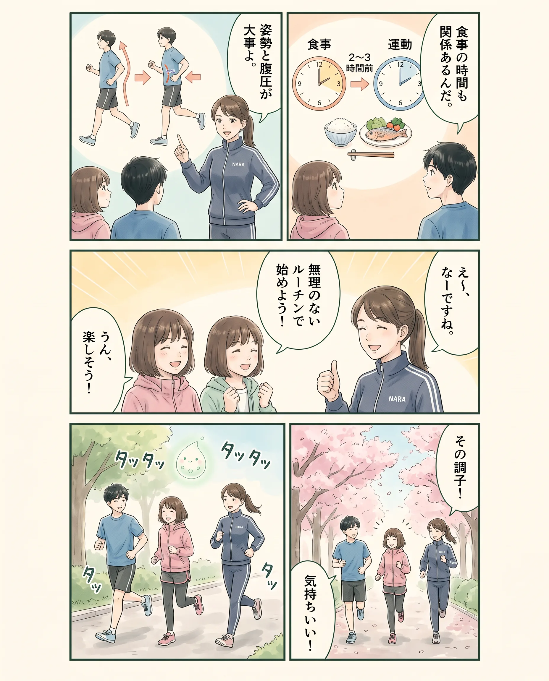 運動中の姿勢と食事の時間を観察するアオイ、モク、ナラの4コマ漫画（2ページ目）