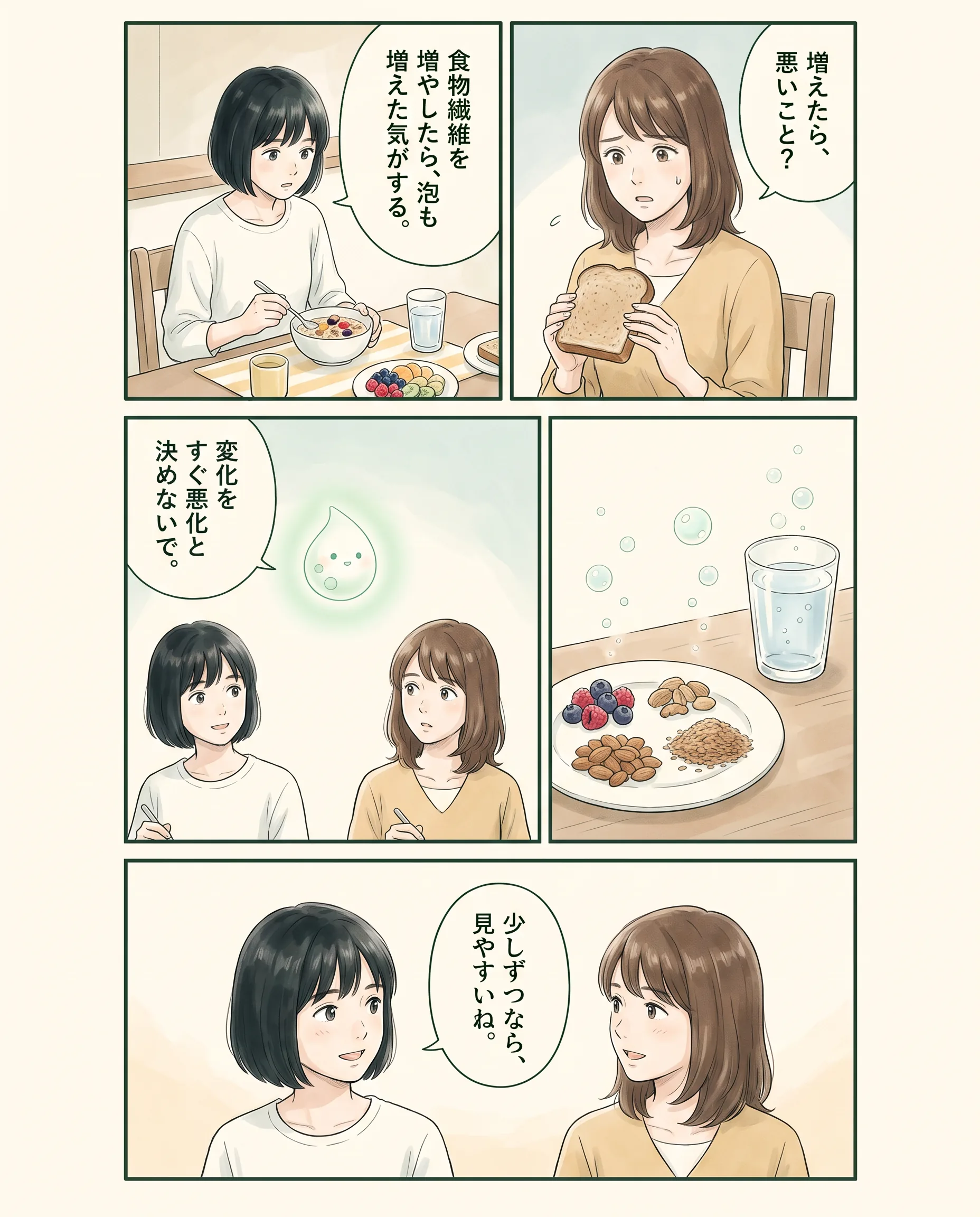 食物繊維の量を少しずつ増やすアオイ、モク、ナラの4コマ漫画(1ページ目)