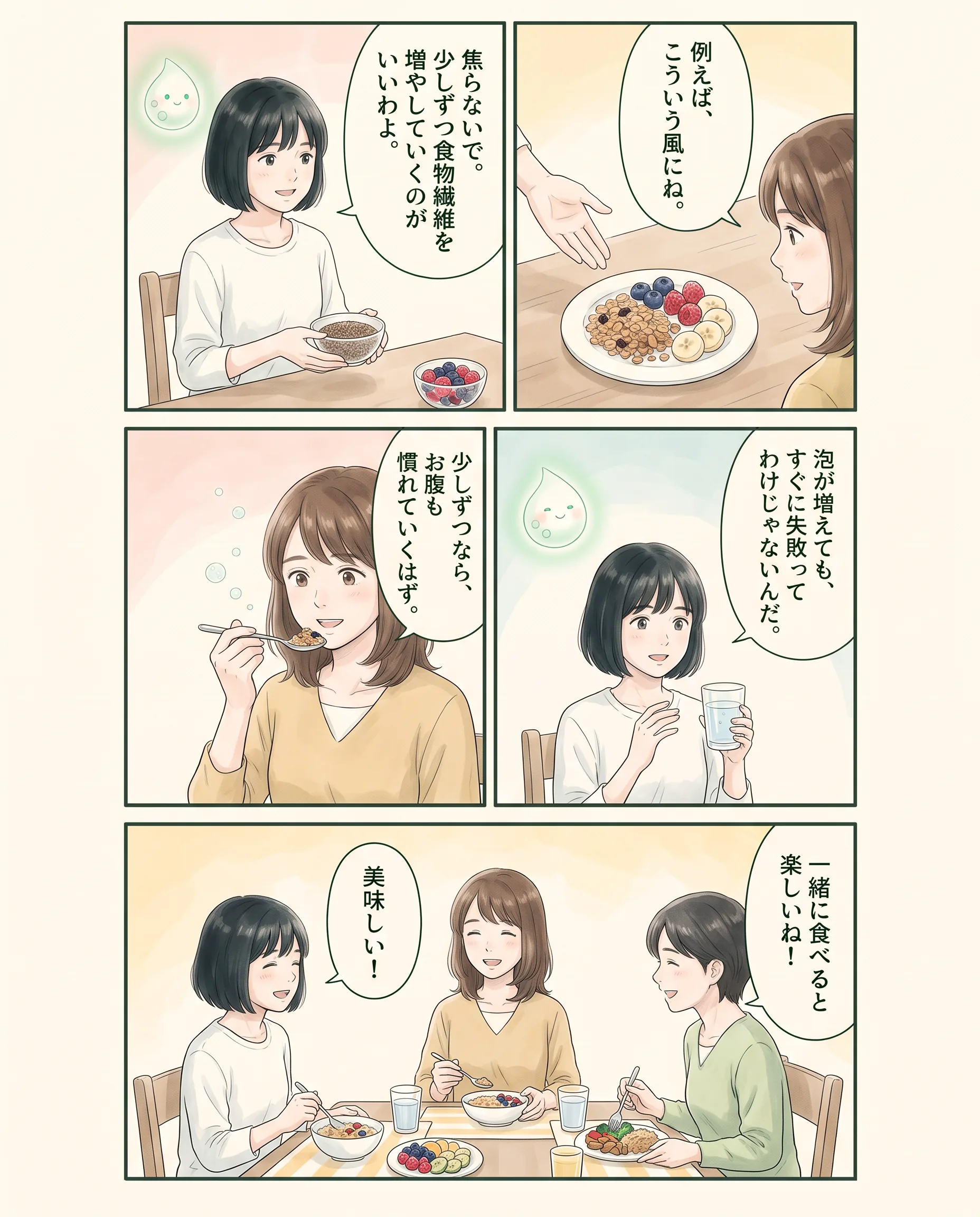 食物繊維の量を少しずつ増やすアオイ、モク、ナラの4コマ漫画(2ページ目)