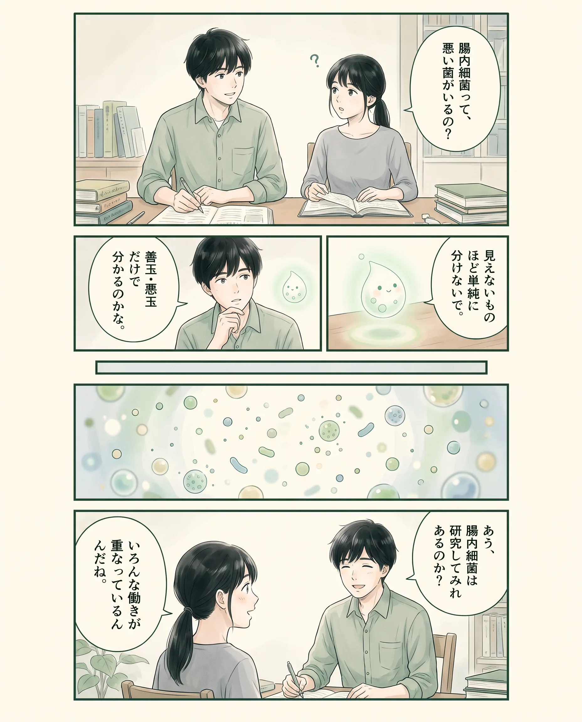 多様な腸内細菌を点と泡で観察するアオイ、モク、ナラの4コマ漫画(1ページ目)