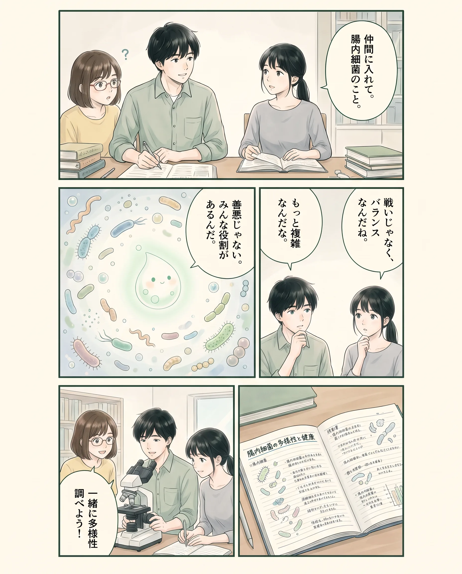 多様な腸内細菌を点と泡で観察するアオイ、モク、ナラの4コマ漫画(2ページ目)