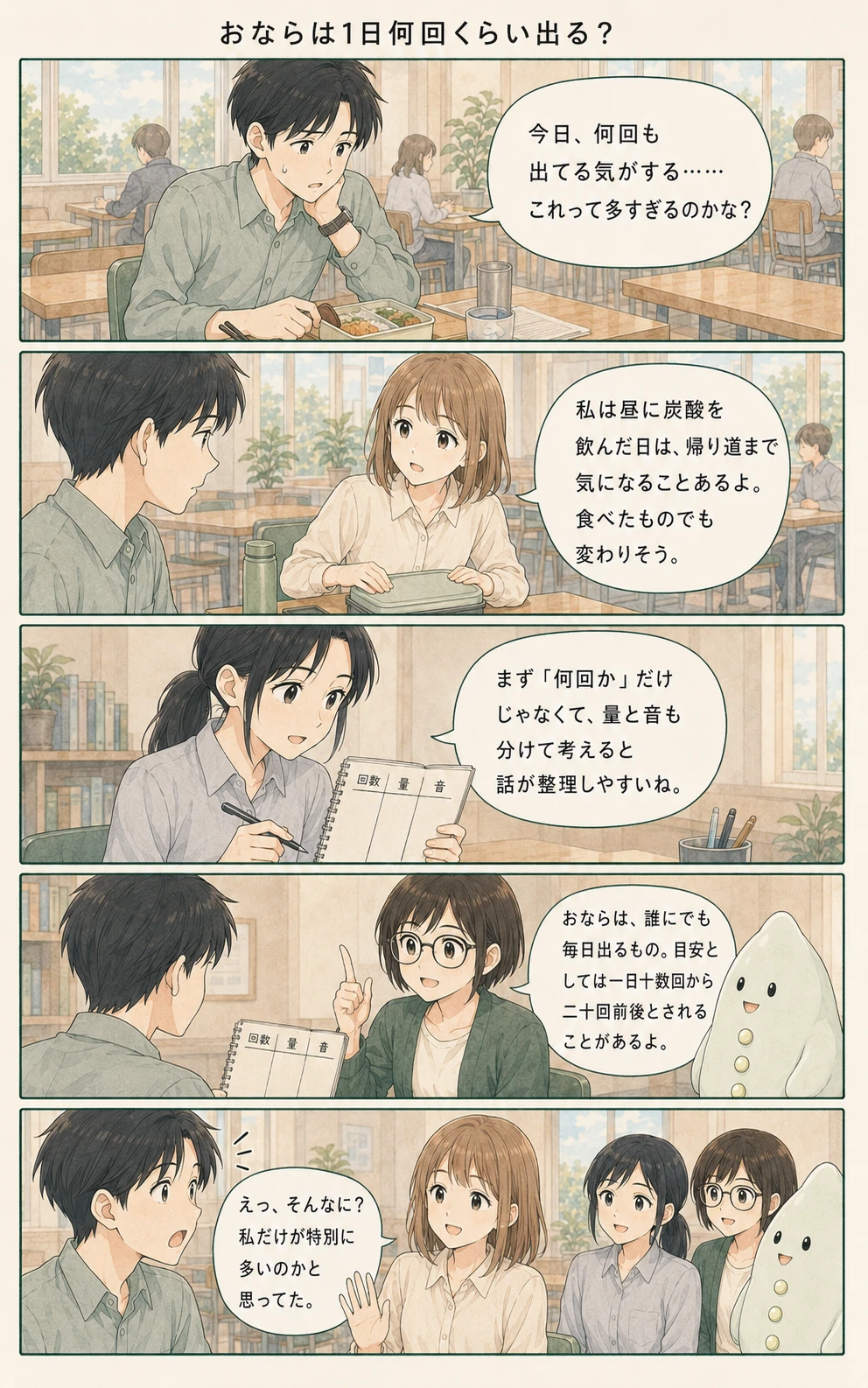 回数の数字と日常の変化を分けて見るアオイ、モク、ナラの4コマ漫画(1ページ目)