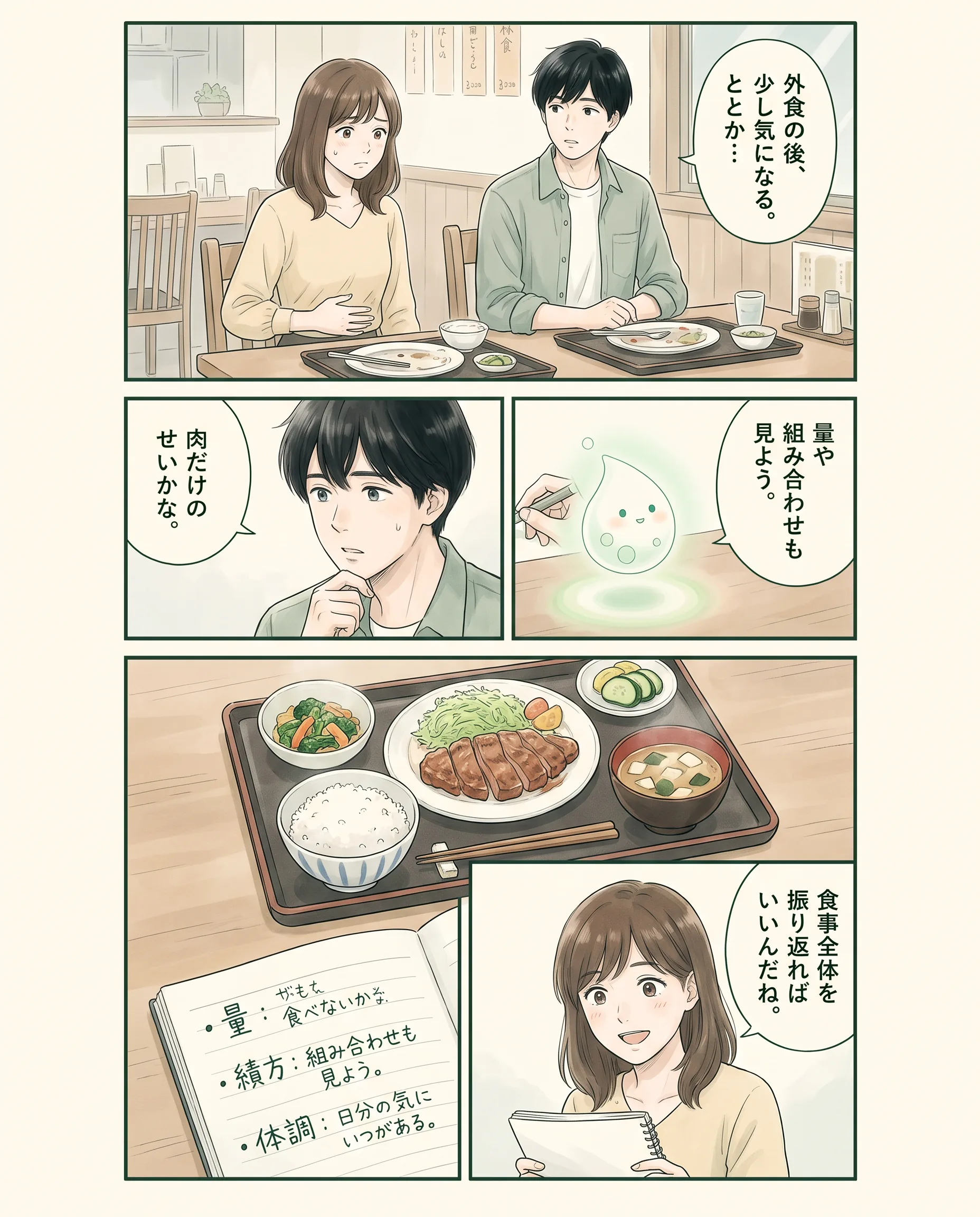 肉料理を含む食事全体を観察するアオイ、モク、ナラの4コマ漫画（1ページ目）
