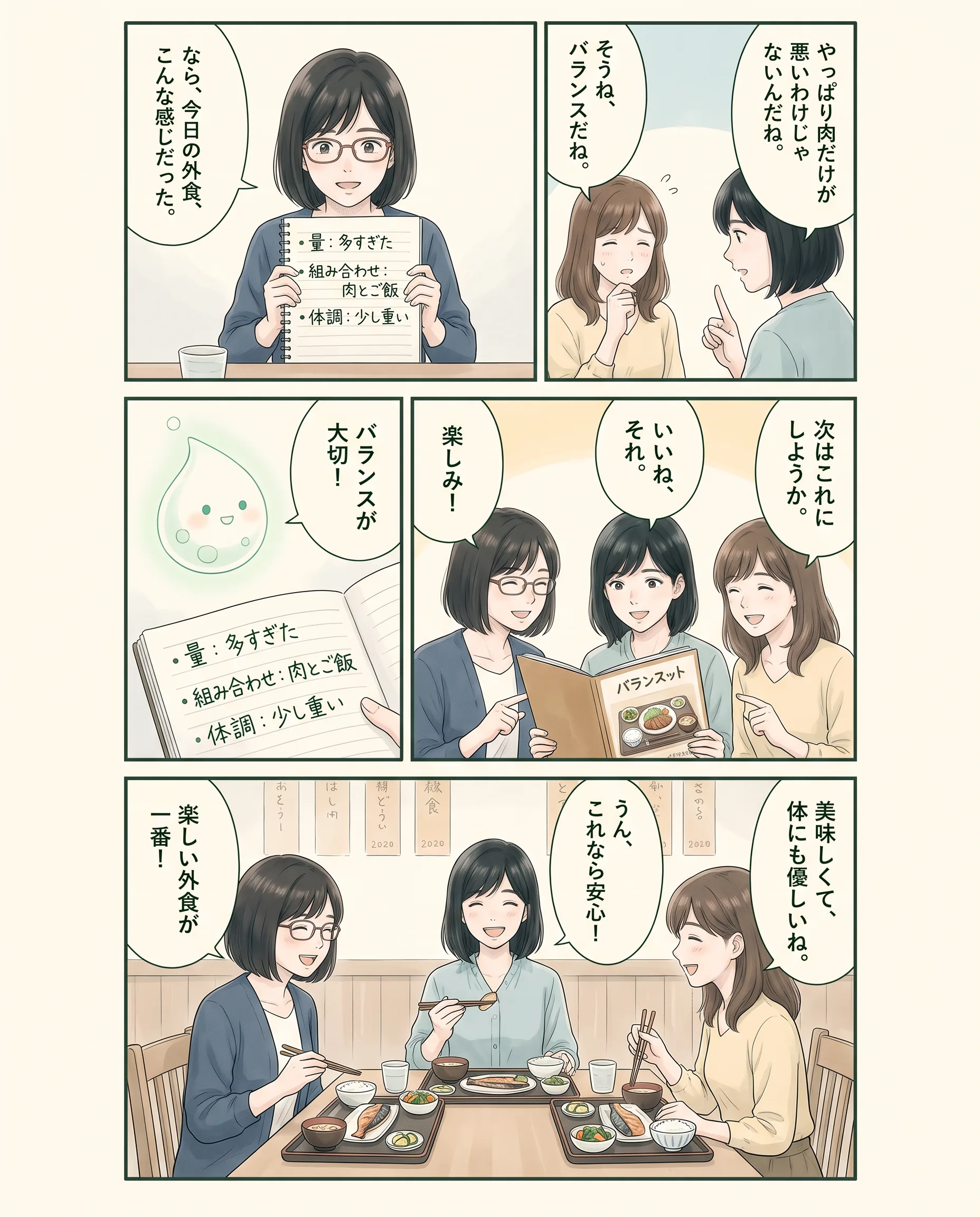 肉料理を含む食事全体を観察するアオイ、モク、ナラの4コマ漫画（2ページ目）