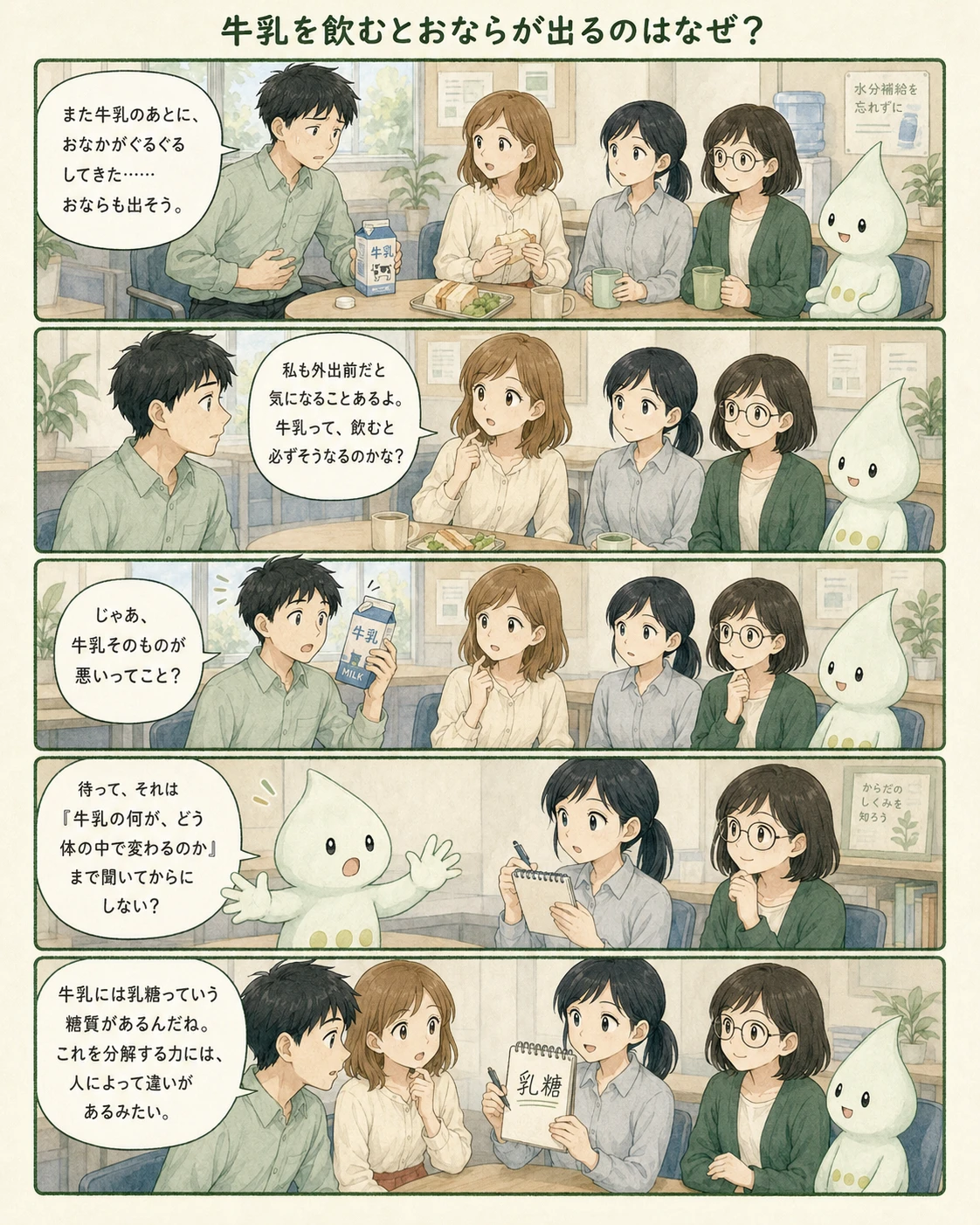 牛乳と乳製品の違いを観察するアオイ、モク、ナラの4コマ漫画(1ページ目)