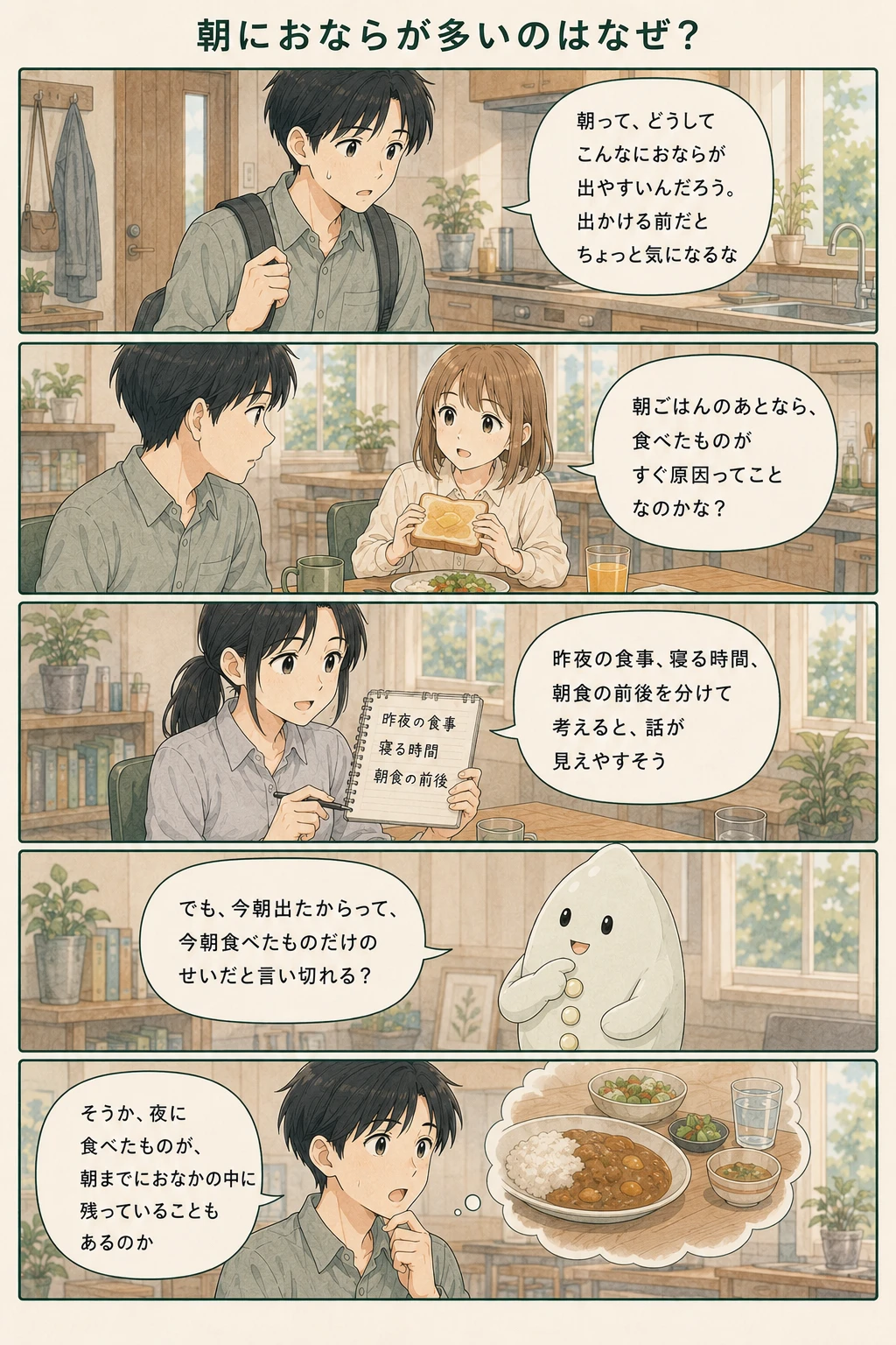 朝の姿勢と体のリズムを観察するアオイ、モク、ナラの4コマ漫画（1ページ目）