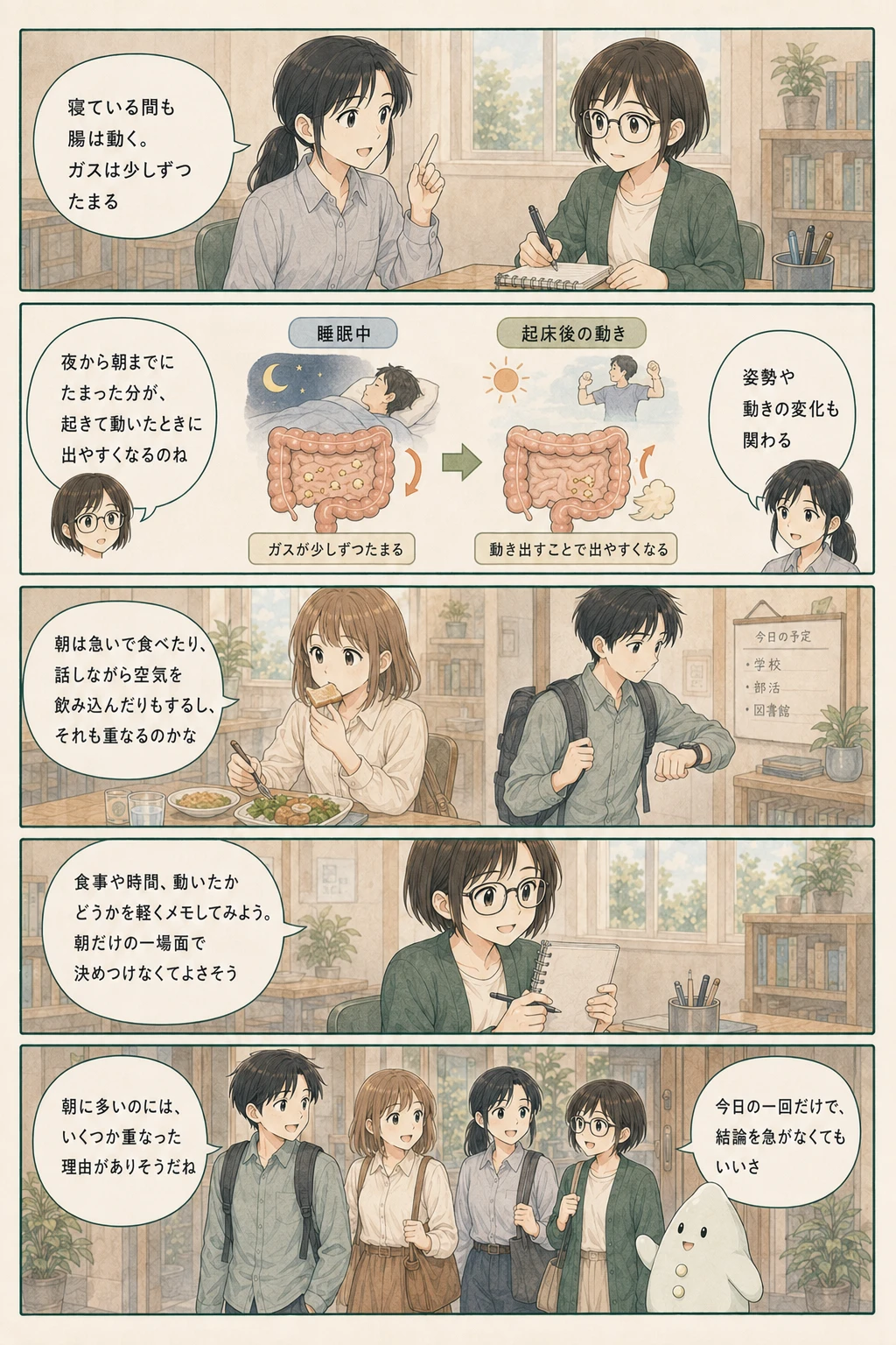朝の姿勢と体のリズムを観察するアオイ、モク、ナラの4コマ漫画（2ページ目）