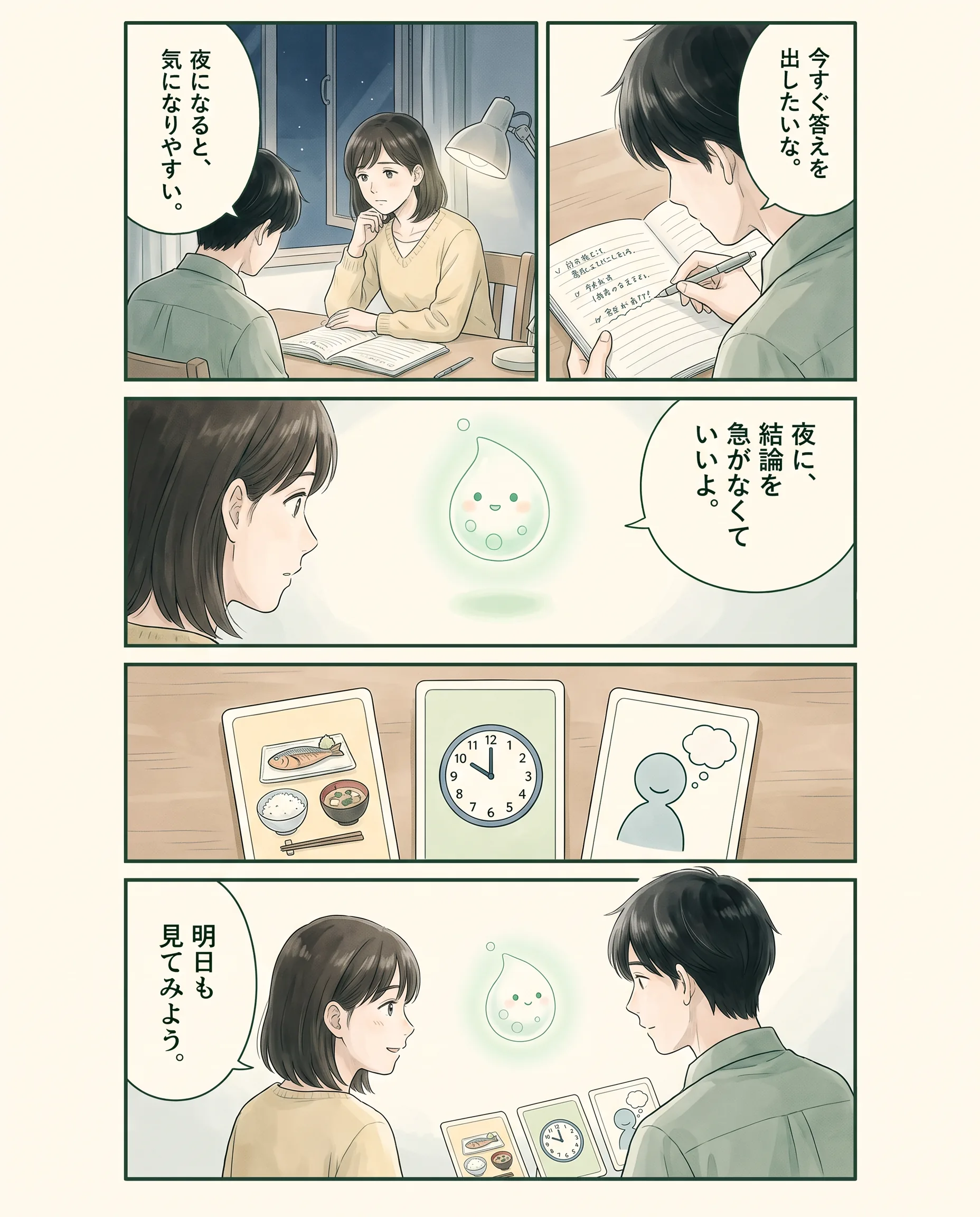 夕方から夜の体感を穏やかに記録するアオイ、モク、ナラの4コマ漫画(1ページ目)