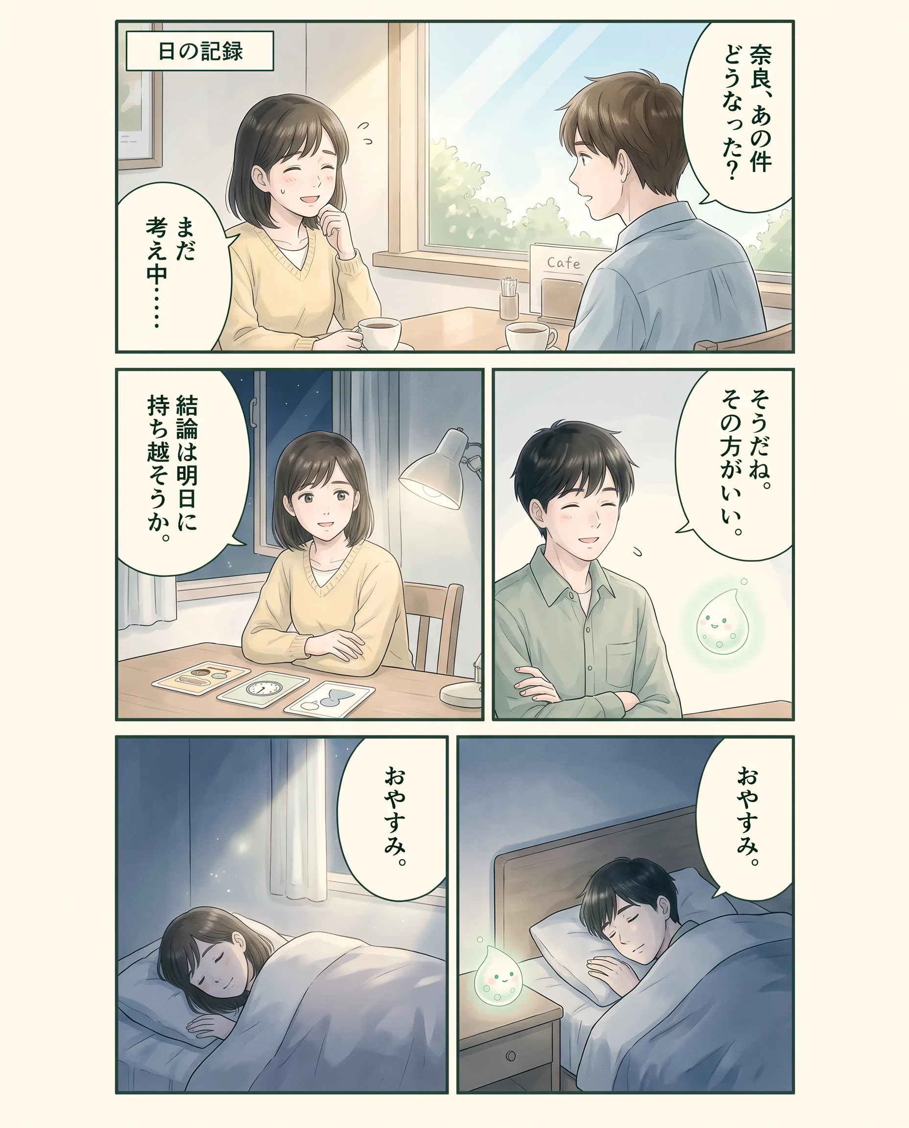 夕方から夜の体感を穏やかに記録するアオイ、モク、ナラの4コマ漫画(2ページ目)
