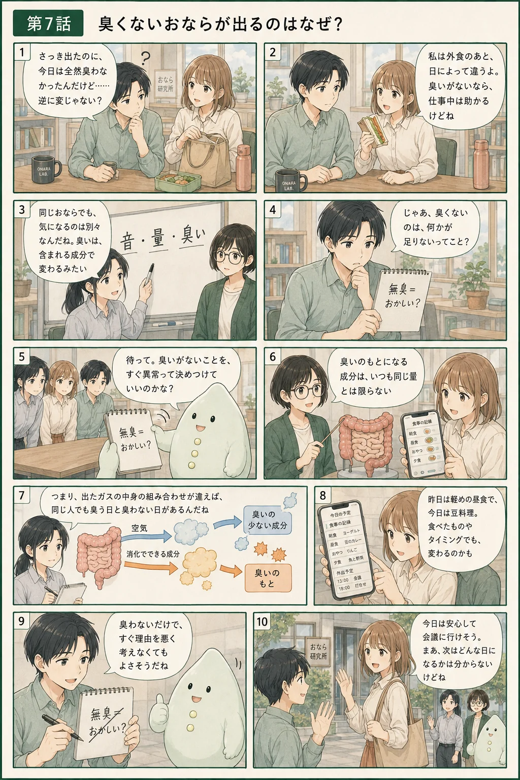 透明な泡とにおいの粒を観察するアオイ、モク、ナラの4コマ漫画