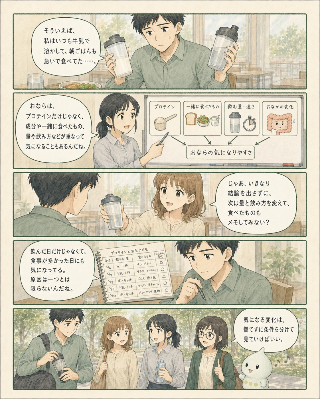 プロテインの成分と量を観察するアオイ、モク、ナラの4コマ漫画(2ページ目)