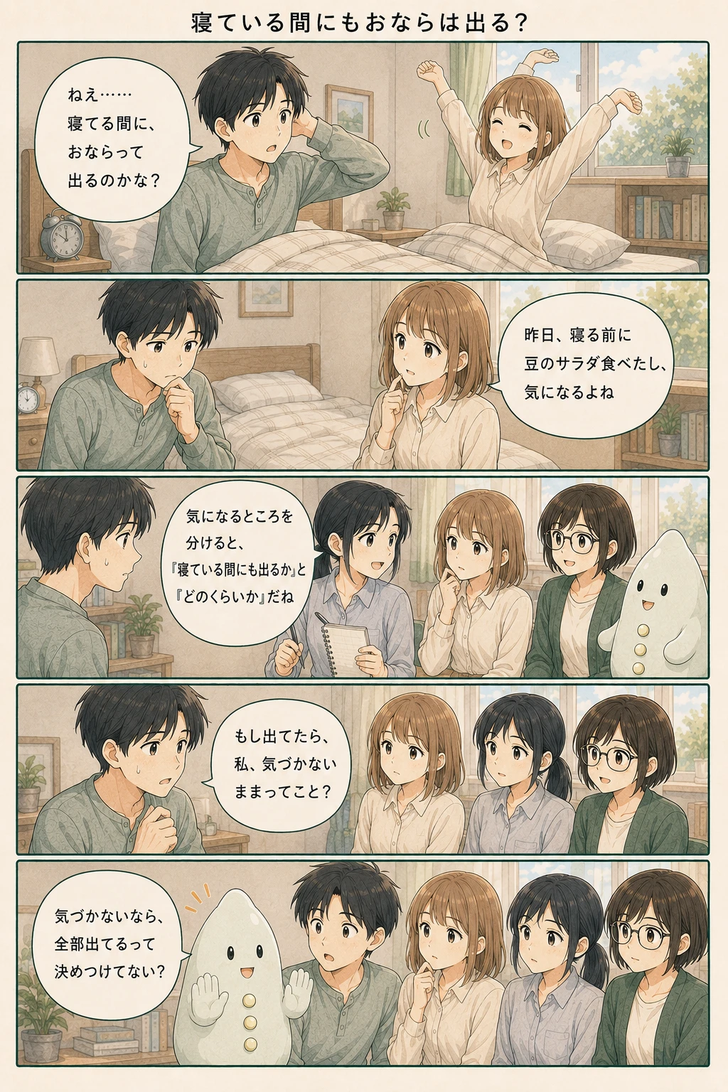 夜の静かな部屋で体の働きを観察するアオイ、モク、ナラの4コマ漫画(1ページ目)