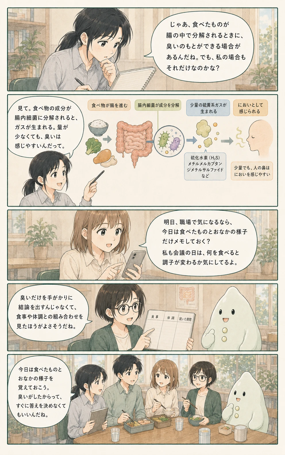硫黄を思わせるにおいを落ち着いて観察するアオイ、モク、ナラの4コマ漫画(2ページ目)