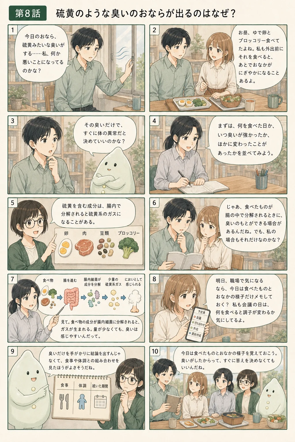 硫黄を思わせるにおいを落ち着いて観察するアオイ、モク、ナラの4コマ漫画