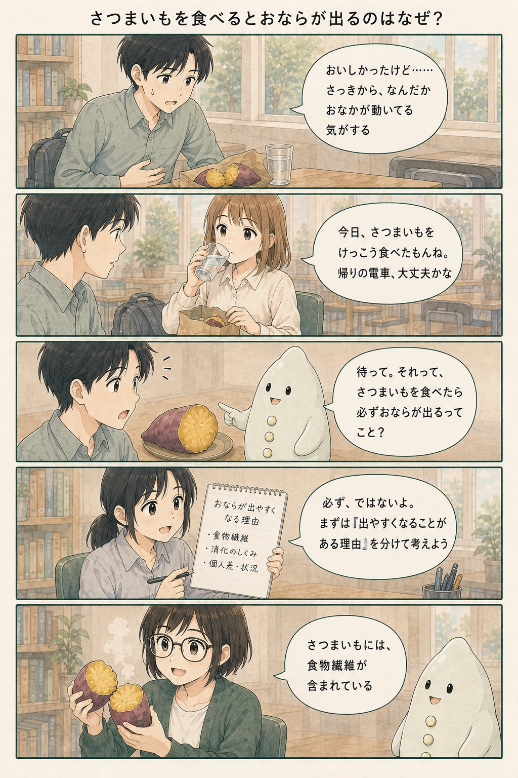 さつまいもと食べる量を観察するアオイ、モク、ナラの4コマ漫画（1ページ目）