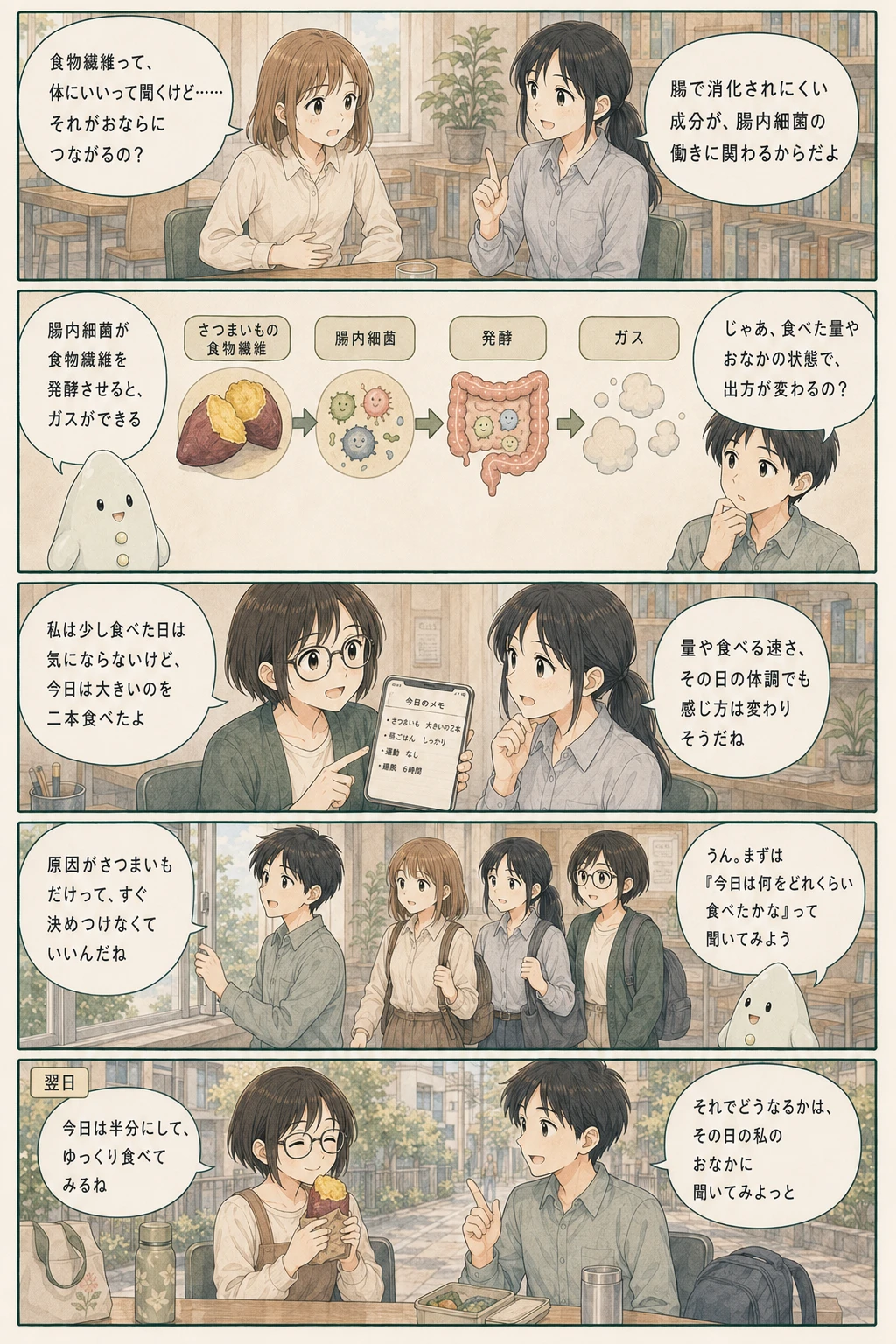 さつまいもと食べる量を観察するアオイ、モク、ナラの4コマ漫画（2ページ目）
