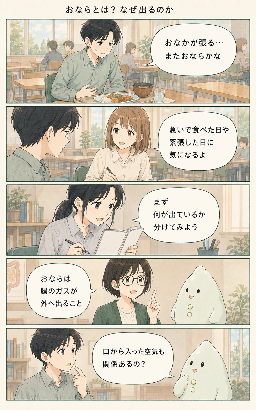 おならが生まれる二つの流れを、アオイ、モク、ナラが観察する10コマ漫画（1ページ目）