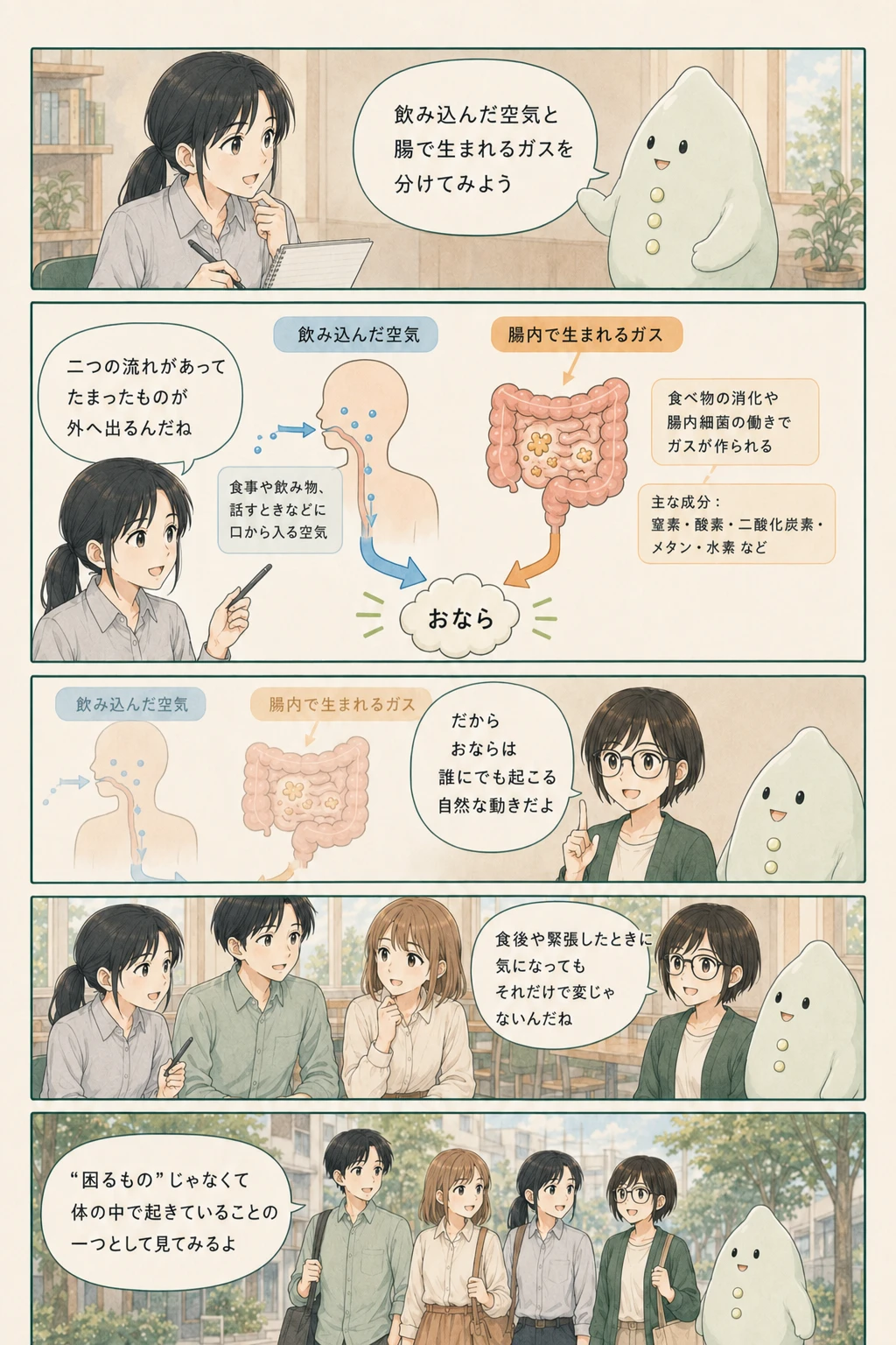 おならが生まれる二つの流れを、アオイ、モク、ナラが観察する10コマ漫画（2ページ目）