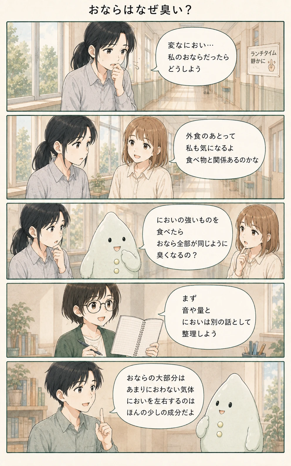 おならのにおいを、成分と生活の条件から落ち着いて観察するアオイ、モク、ナラの漫画(1ページ目)