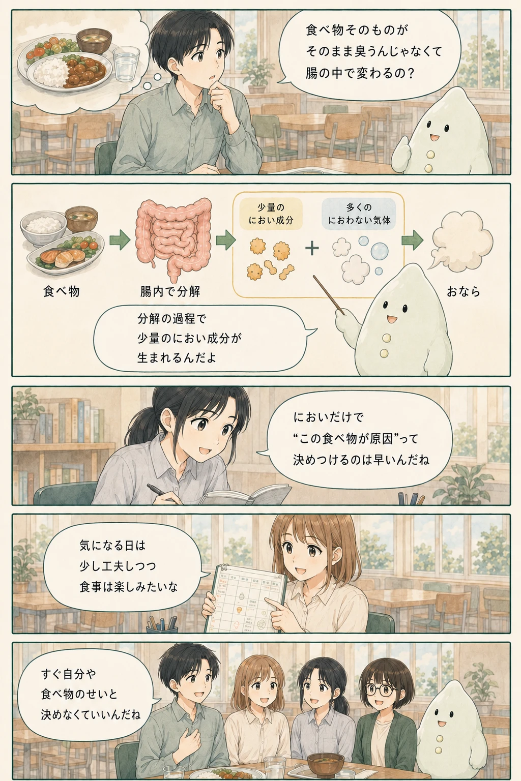 おならのにおいを、成分と生活の条件から落ち着いて観察するアオイ、モク、ナラの漫画(2ページ目)