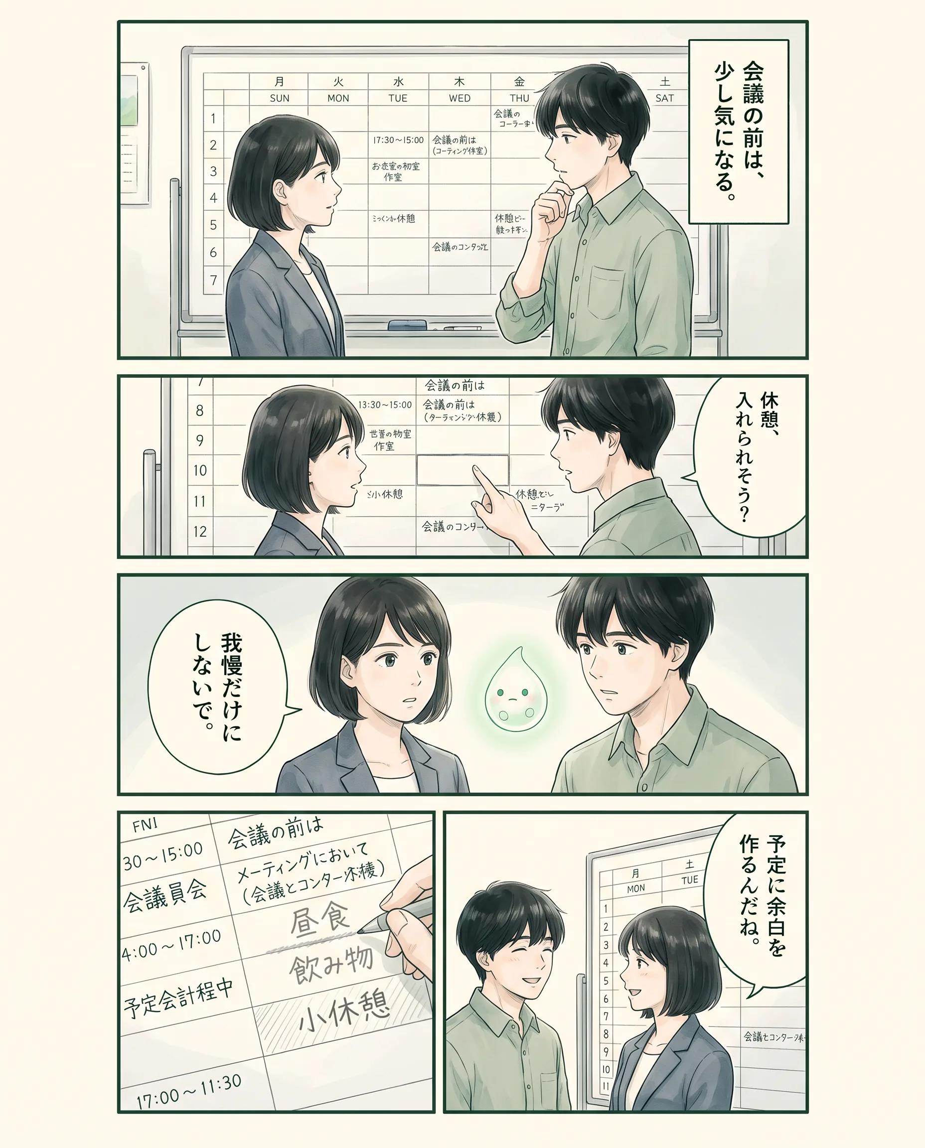 職場の予定と短い休憩を見直すアオイ、モク、ナラの4コマ漫画(1ページ目)