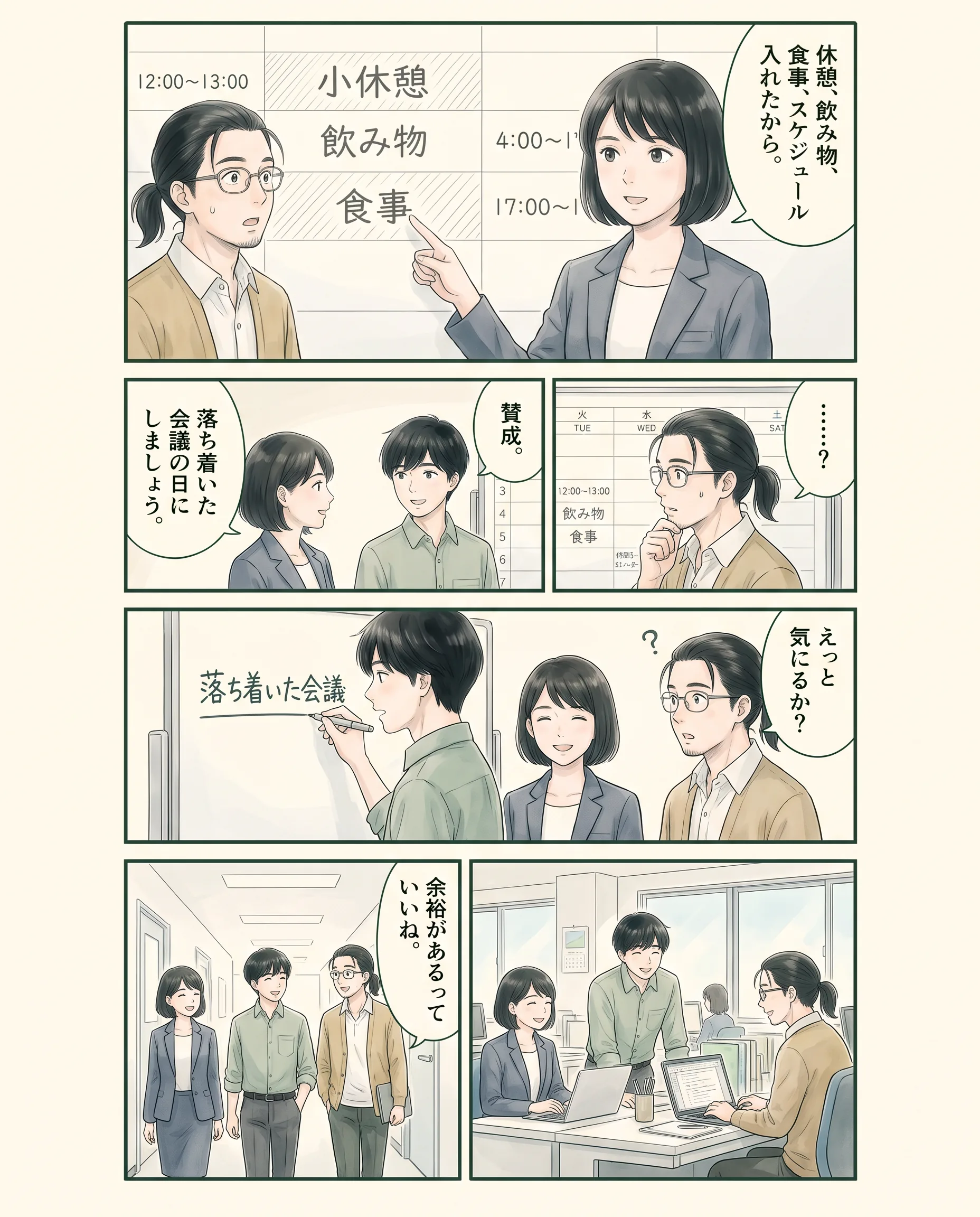 職場の予定と短い休憩を見直すアオイ、モク、ナラの4コマ漫画(2ページ目)