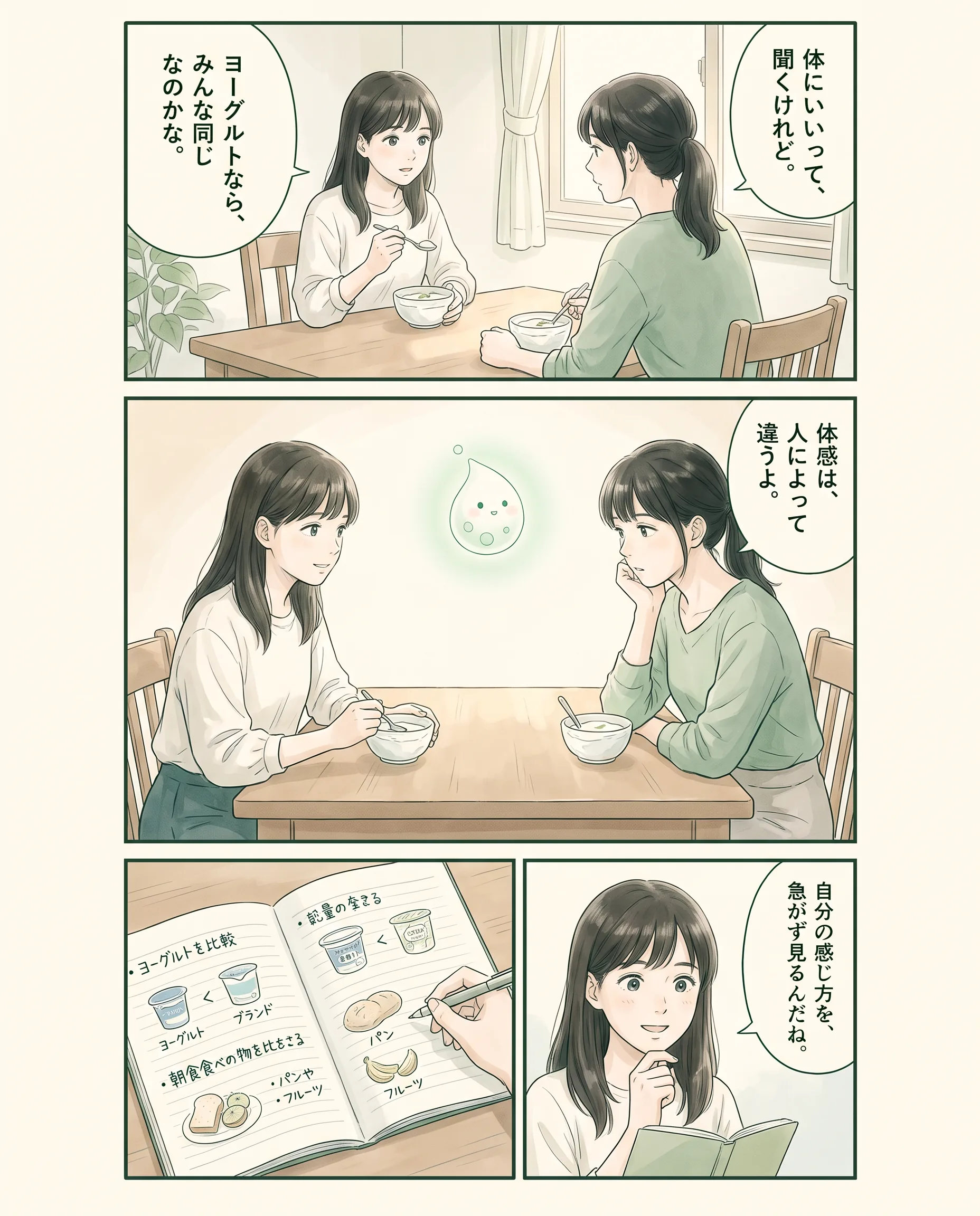 ヨーグルトと個人差を観察するアオイ、モク、ナラの4コマ漫画(1ページ目)