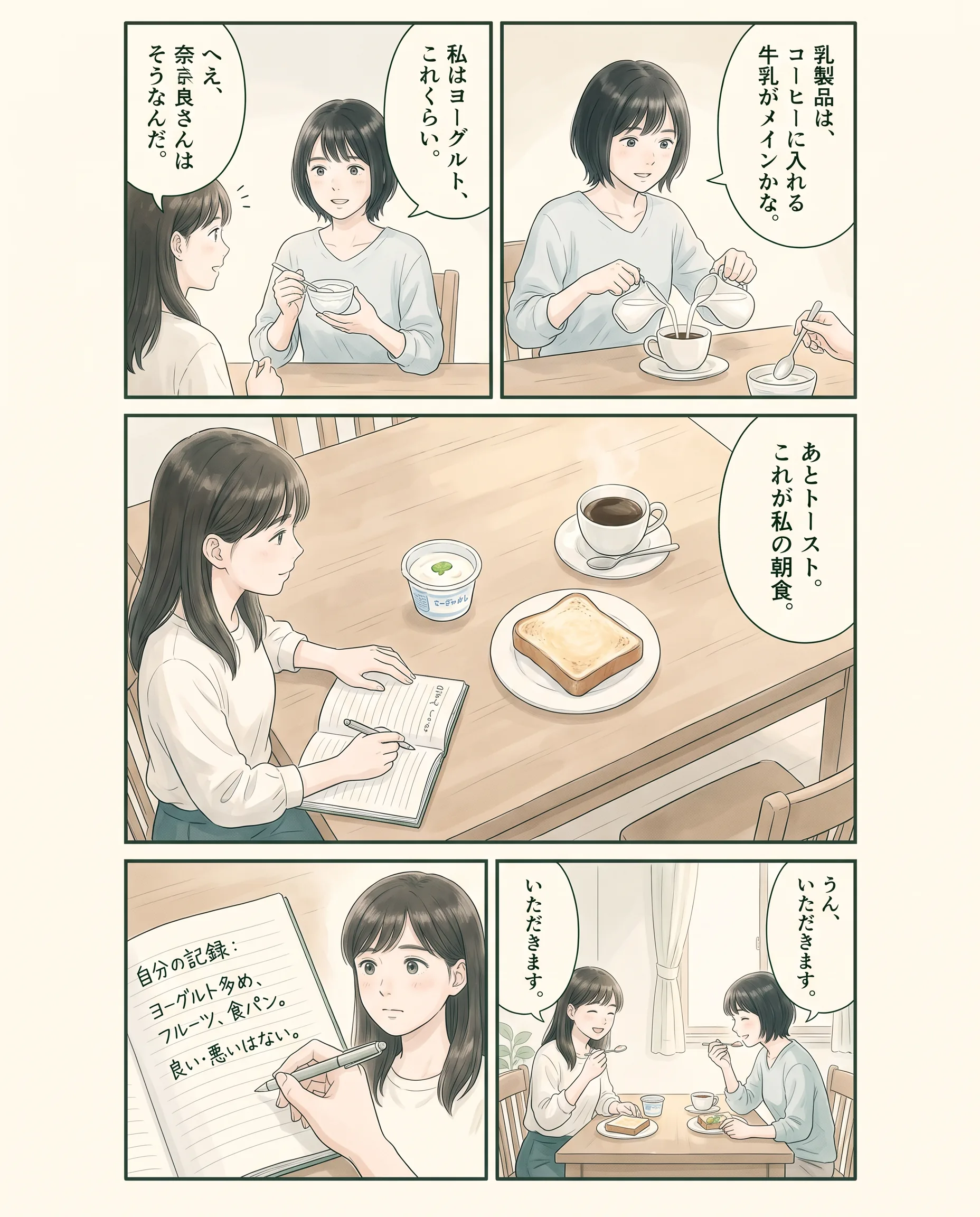 ヨーグルトと個人差を観察するアオイ、モク、ナラの4コマ漫画(2ページ目)